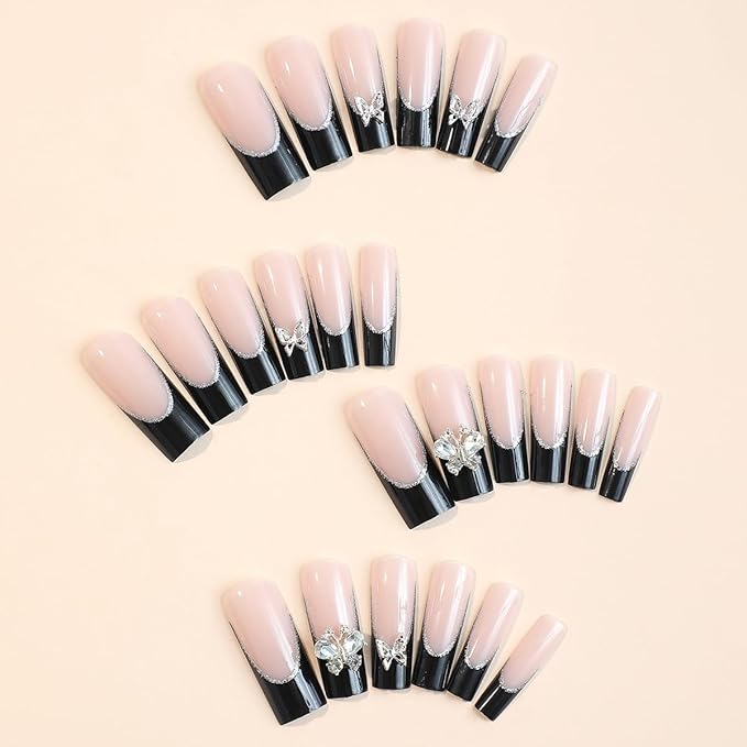 Press On Nails, Medium-Length Shiny Black False Nails Inlaid with Silver Butterflies and Rhinestones, Showing the Noble Temperament of Women and Girls False Nails - 24 Pieces (With Free Kit)