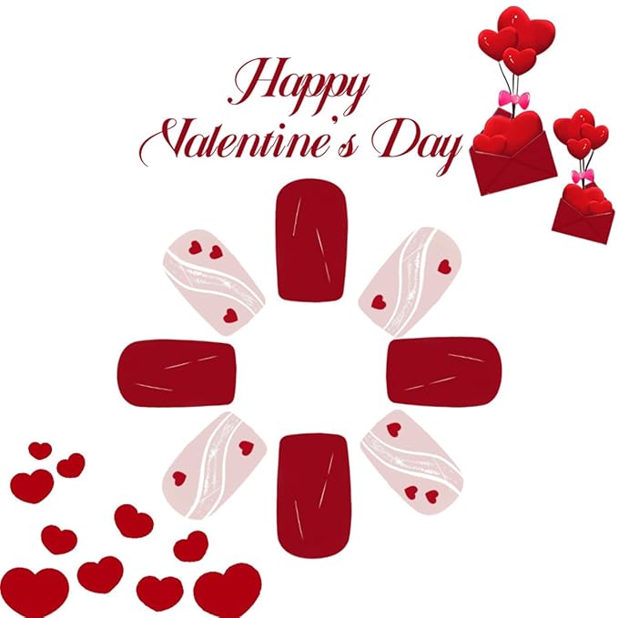 Valentines Heart Press on Nails Short Square Fake Nails Red Valentines Nails Press ons with Glue Designs Glossy Acrylic Nails Reusable Full Cover Glue on Nails for Women Holiday Manicure 24Pcs