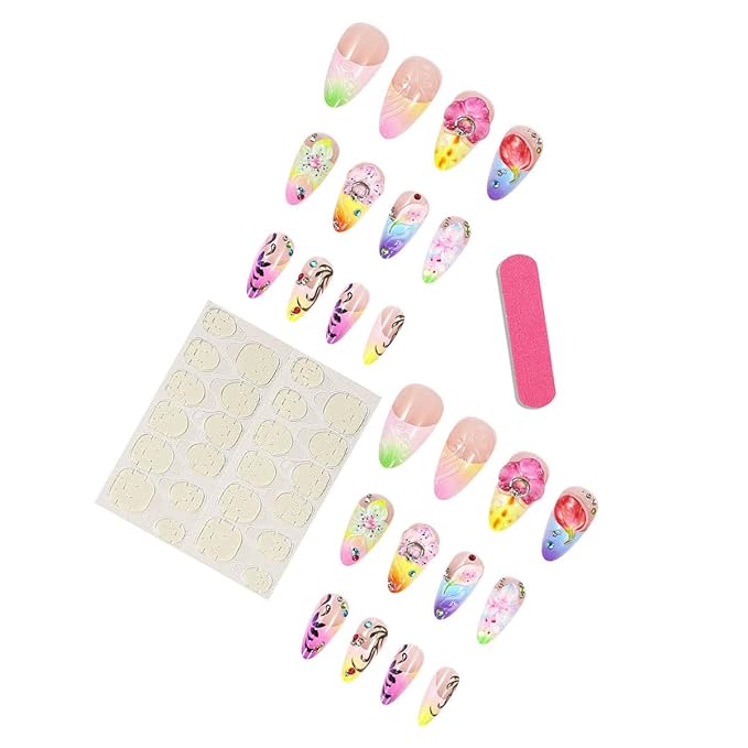 Long Press on Nails Almond Fake Nails Flowers Colorful Artificial Nail with Rhinestone Designs Stick on Nail for Women 24pcs