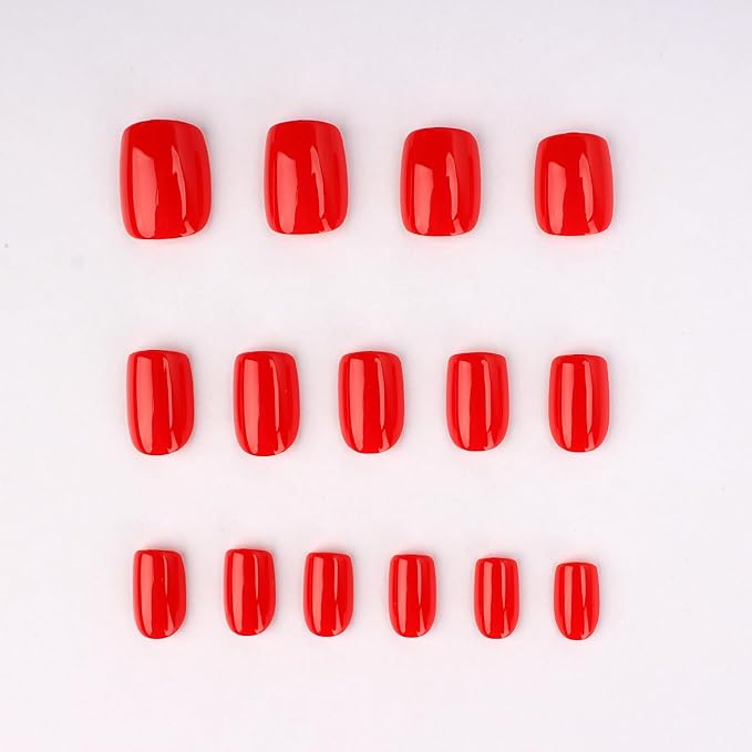 Press on Nails Short Square, True Red Fake Nails Kit, Fashion Glossy Acrylic Press On Nails, Natural Stick on Nails, Thick Reusable Glue on Nails Short Fake Nails for Women, 30Pcs