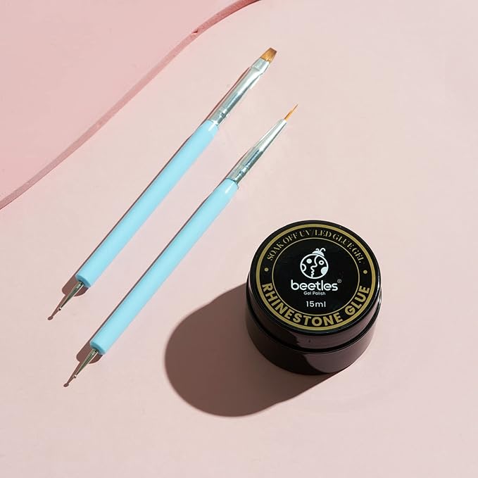 Beetles Rhinestone Glue for Nails with 2 Dual Purpose Brush Pen, 1Pcs 15ml Nail Glue for Nail Art Adhesive Resin Gems Diamonds Jewelry Decoration Soak Off Led Lamp Nails Gifts for Women