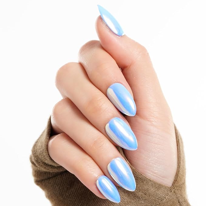 GLAMERMAID Light Blue Mirror Chrome Press On Nails Short Almond, Golden Donut Glazed Handmade Soft Jelly Gel Fake Nails, Round Oval Stick Glue on Nails Kit for Women, Reusable Acrylic False Nail Set