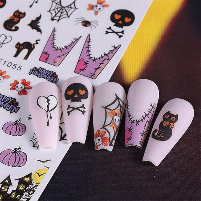 8 Sheets Halloween Nail Stickers Decals Horror Halloween Self Adhesive Nail Design Stickers Ghost Skull Black Cat Spider Web Nail Art Stickers for Women Girls DIY Manicure Nail Decoration