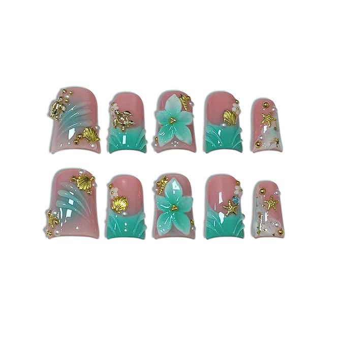 Duckbill Press on Nails - Ocean 3D Floral Teal Blushing Ombre Design | Icy Glossy Duck Fake Nails with Handmade Carving | Mermaid Y2K Style Glue on Nails for Resort Vacation(L)