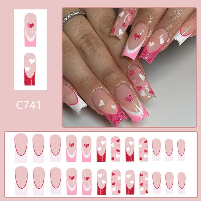 Valentines Press on Nails Long Coffin False Nails Pink Glitter French Tip Glue on Nails Glossy Deigns Heart Fake Nails Valentines Nails Tips Full Cover Acrylic Nails for Women Girls 24Pcs