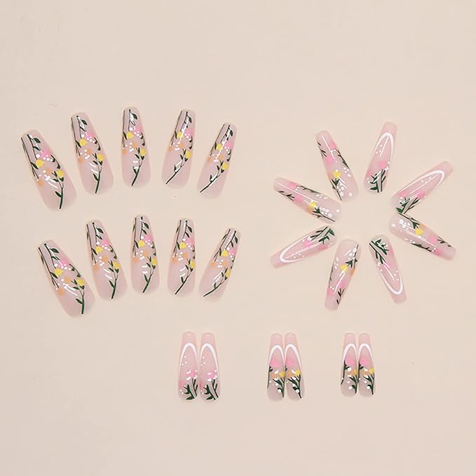 Press on Nails Long Coffin MABKJLF Spring French Fake Nails Full Cover False Nails with Flower and Leaves Designs Glossy False Nails with Nail Glue Artificial Acrylic Nails for Women Girls 24 Pcs