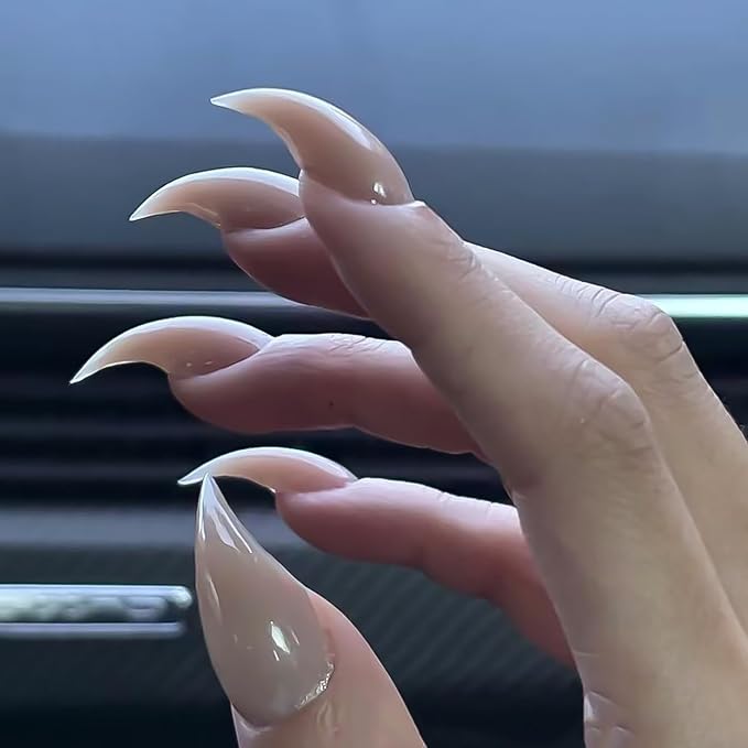 Luxury Press on Nails Medium Stiletto Handmade Eagle Claw Reusable ABS Material Curved Fake Nails Dragon Claw Solid Colour Design Cat Claw Nude Glossy Glue on Nail Thick Acrylic Nails(S)