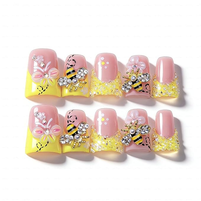 10 Pieces Luxury Acrylic Press On Nails Short Handmade Duck Nails, Butter Yellow Thickened False French Nails, Sugar Crystal Rhinestones, Floral Bee Charms, Reusable Acrylic Nails (S)