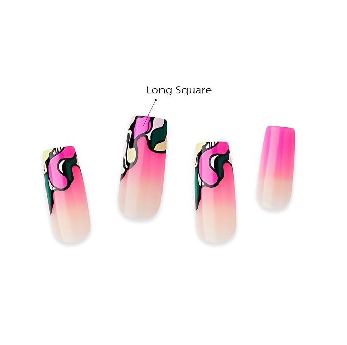 Goldfinger Trendy False Nails Kit, Long Square Design Nail, Playful Classic Vibrant Pink Abstract Print, Ready to Wear Gel & Manicure Stick Included, Long-Lasting Convenient & Easy to Apply