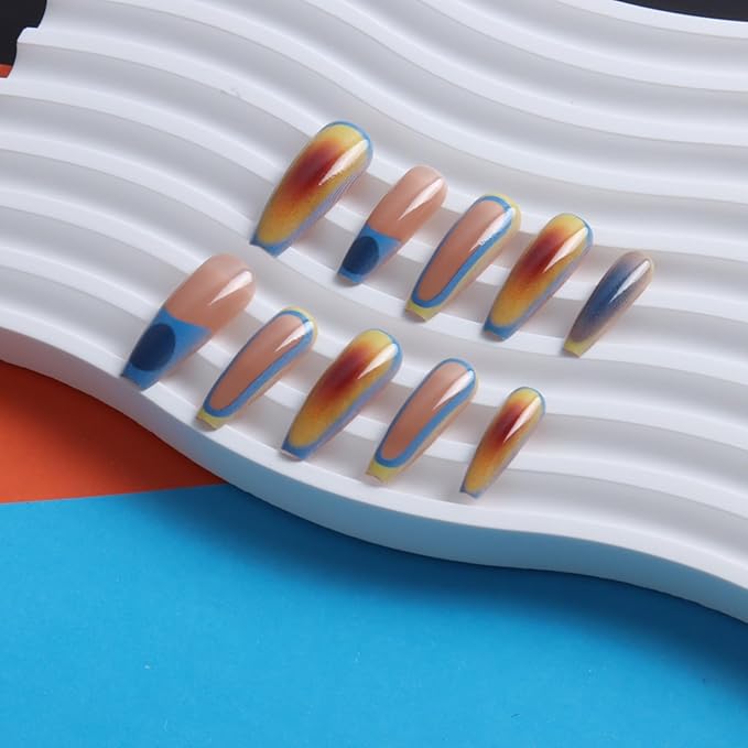 24pcs Colorful Sunset Long Square Press On Nails, Reusable Nail Kit with Nail Adhesive Tabs Mini Nail File, 12 Sizes (Sunset)
