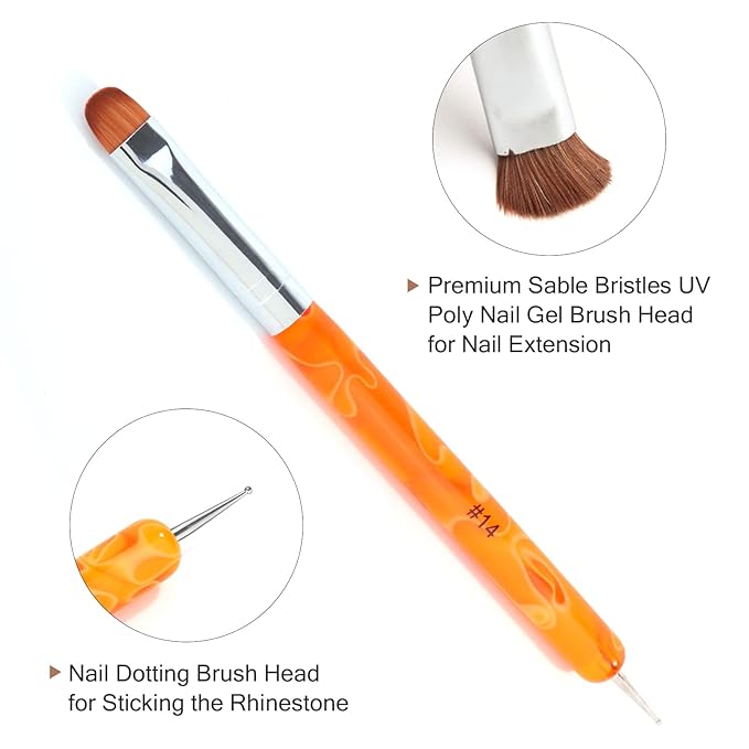 French Manicure Brush -Two Way Nail Art Brush with Dotting Manicure Tool for Manicure Cuticle Clean Up Nail Art Design- Professional Nail Salon Quality Brush, Nail Dotting Pen (14#, Orange)