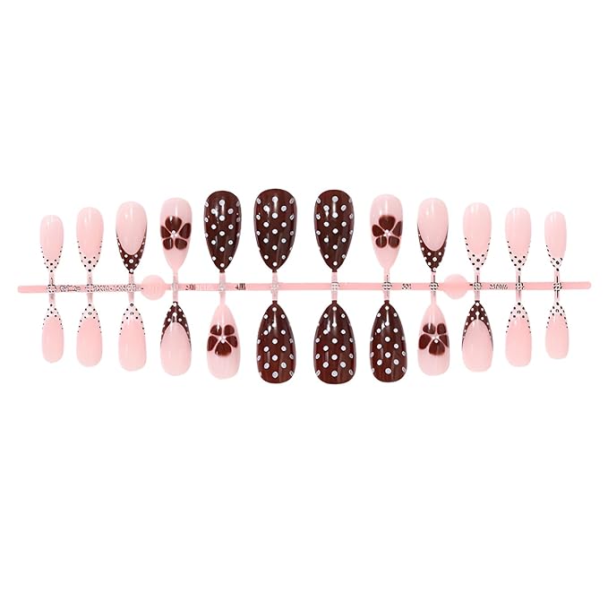 24Pcs Polka Dot French Tip Press on Nails Medium Almond Fake Nails Flower False Nails Nude Nails Press Ons Glossy Full Cover Stick on Nail Polka Dot Glue on Nail for Women Decoration Set 24Pcs