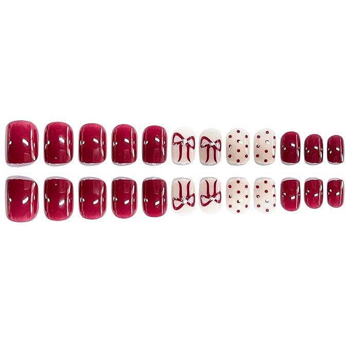 Valentines Press on Nails Extra Short Square MABKJLF Fake Nails False Nails with Wine Red Bow Polka Dots Rhinestones Designs Glossy Glue on Full Cover Acrylic Nails for Women Girls 24Pcs