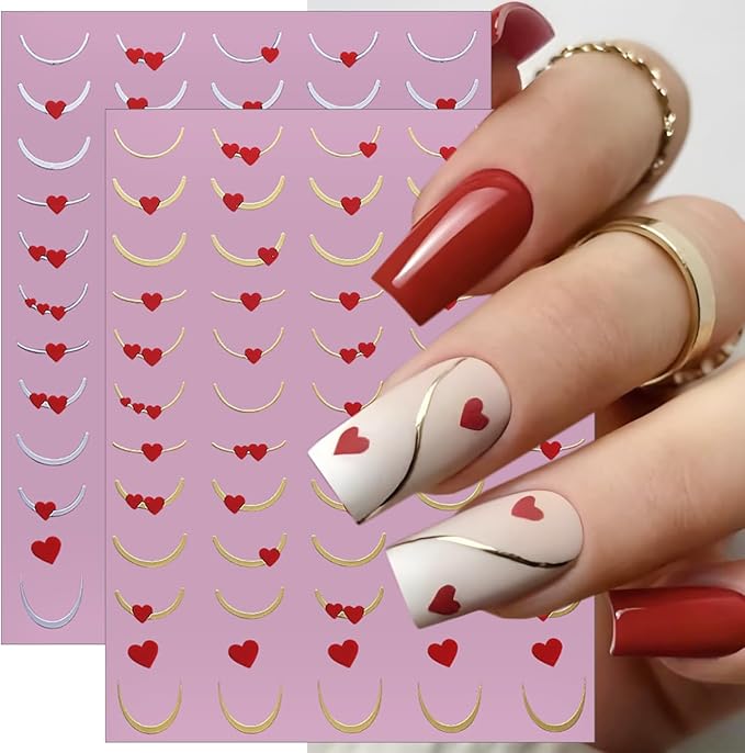8 Sheets Valentines Nail Art Stickers 3D Self-Adhesive Hollow Heart Nail Decals Red Heart French Tip Nail Stickers Valentines Day Nails Art Decorations for Women Holiday DIY Nails Supplies