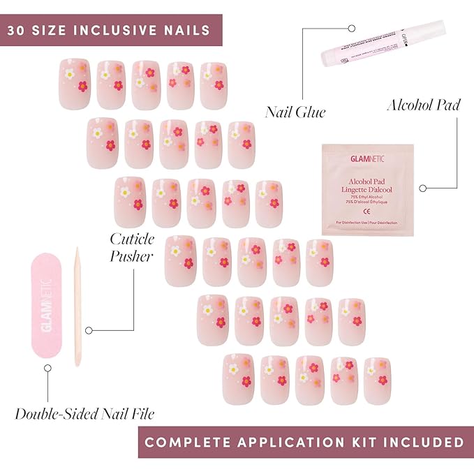 Valentines Day Glamnetic Press On Nails - Pretty Bloom | Glossy, Semi-Transparent Short Squoval Nails with Flower Accents, Salon Quality | 15 Sizes - 30 Nail Kit with Glue