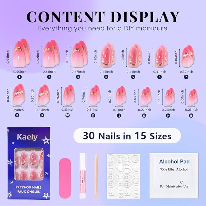 evpct Ombre Peach Pink Press on Nails Short Almond with 3D Pearl Gold Line, Pink French Tip Stick on Nail for Women, Reusable Full Cover Soft Press on Fake Nail with Ombre Design Perfectly Fit