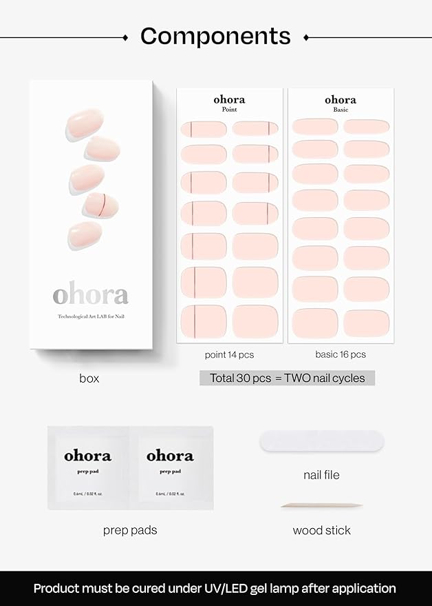 ohora Semi Cured Gel Nail Strips (N Basic Nails no.11) - Nude, Solid, Works with Any UV/LED Lamps, Salon-Quality, Long Lasting, Easy to Apply & Remove - Includes 2 Prep Pads, Nail File & Wooden Stick