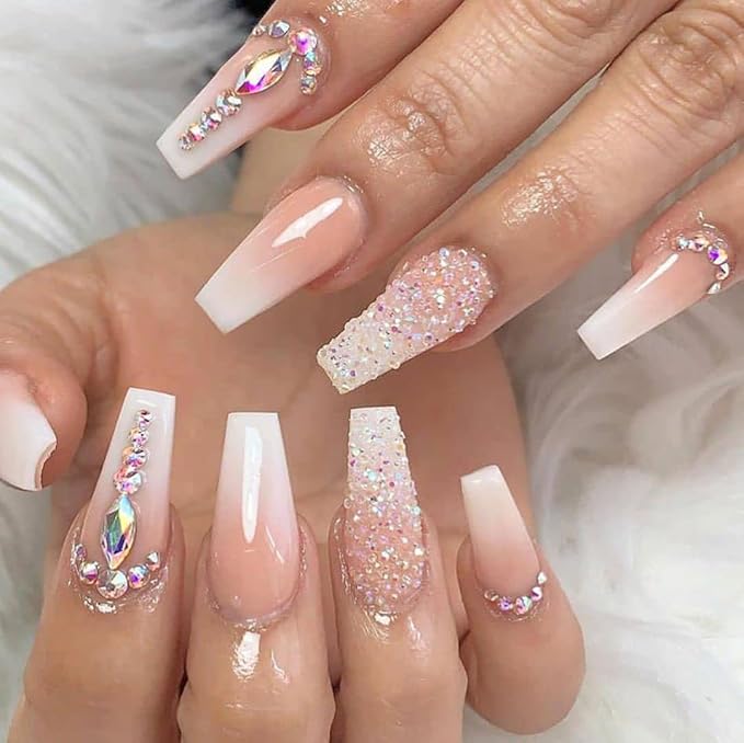 Yivaiks 24 Pcs Advanced Hand Made Customization Press on Nails, Luxurious Rhinestone Design Ballerina Fake Nails，Perfect Accessory for Banquets, Soirees, Parties(GD-004)
