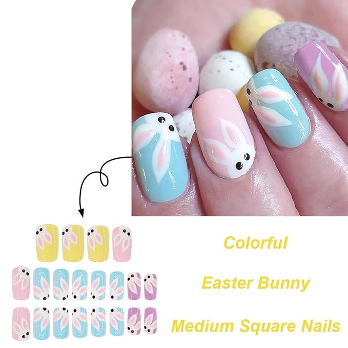 24 Pcs Easter Press on Nails Medium Square Shaped Fake Nails Cute White Bunny Designs Pink Blue Purple Glossy False Nails Easter Rabbit Nail Art Decor Full Cover Acrylic Nails for Women DIY Manicure