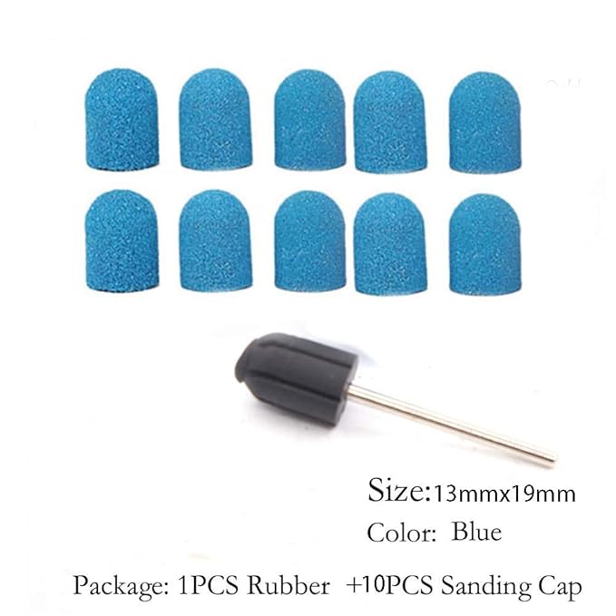 10x Nail Sanding Caps Nail Drill Bits + 1x Rubber Mandrel Grip for Foot File Callus Remover Manicure Pedicure Nail Polishing Burr Home Salon - 13mm*19mm