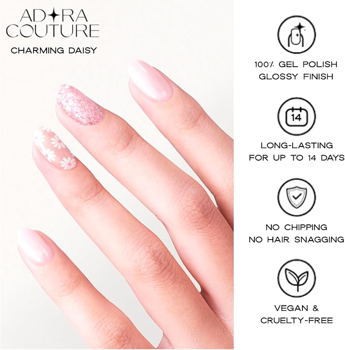 Semi Cured Gel Nail Strips with 30 Pieces - Salon Quality Manicure Kit for Women Easy Application Wraps Includes Prep Pads Nail File Wooden Stick, UV Light Required (Charming Daisy)
