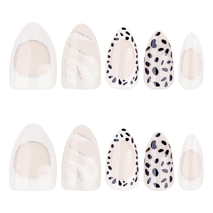 Short Almond Press On Nails, Nude Black White Mix Design Fake Nails with Dotted Tips, Outline French Style and Shimmery Silver Line Art, Glossy Reusable Acrylic Glue On Nails Kit for Women