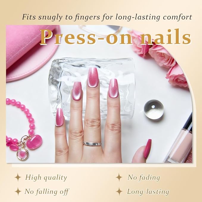 evpct Rose Pink Cat Eye Coffin Press on Nails Square Medium, Medium Square Stick on Nail for Women, Rose Pink Metallic Glitter Glossy Reusable Summer Soft Gel Press on Acrylic Fake Nail with Designs