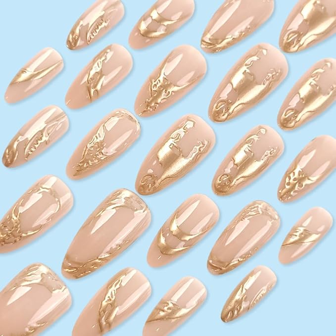 Almond Press on Nails Gold Stripes Fake Nails Medium False Nails Glossy Nude Acrylic Nails Golden Metal Chrome Glue on Nail Full Cover Stick on Nail for Women Girls Manicure 24Pcs