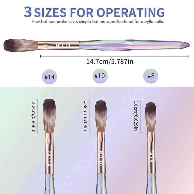 3PCS Acrylic Nail Brush Set,Size 8/10/14 Professional Nail Brushes for Acrylic Application Extension and 3D Carving for Nail Home Salon DIY
