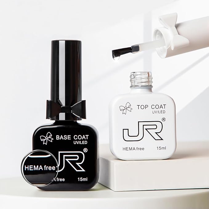 JR 2Pcs 15ML HEMA Free No Wipe Gel Top &Base Coat Set Long Lasting Formula Top Base Coat UV LED Nail Lamp Needed Quick Dry High Glossy Shiny No Chip for Nail Art Manicure