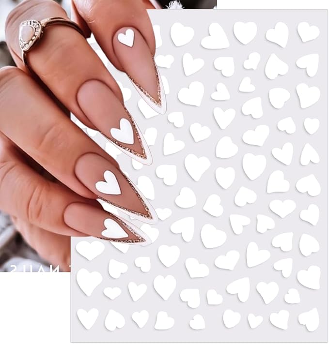 Valentine's Day Nail Art Stickers - Sexy White Border Heart Nail Decals, Self-Adhesive Black White Red Pink Love for DIY 3D Nail Supplies Decoration (6 Sheets)