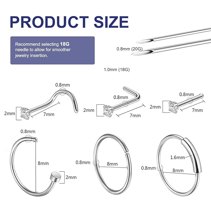 Yugui Nose Piercing Kit 20G Nose Piercing Rings, Nails and 18G Piercing Needles Disposable Piercing Clamps Gloves Clean Pads Home DIY Self Body Piercing Tools Kit Supplies