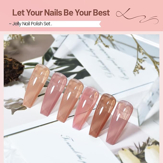 Jelly Nail Polish Set 6 Colors Nude Pink Pale Purple Jelly Quick Dry Nail Polish Set for Nail Art Manicure DIY Salon