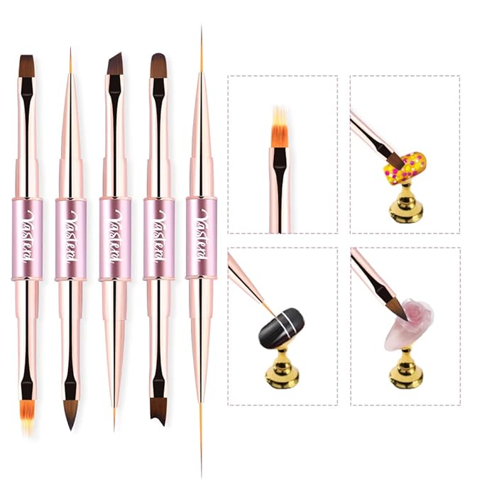 Nail Art Brushes Set Double-Ended Nail Art Tools with Nail Extension Gel Brush, Builder Gel Brush, Nail Art Liner Brush and 3D Nail Art Decorations Brush for Salon at Home DIY Manicure Set of 5Pcs