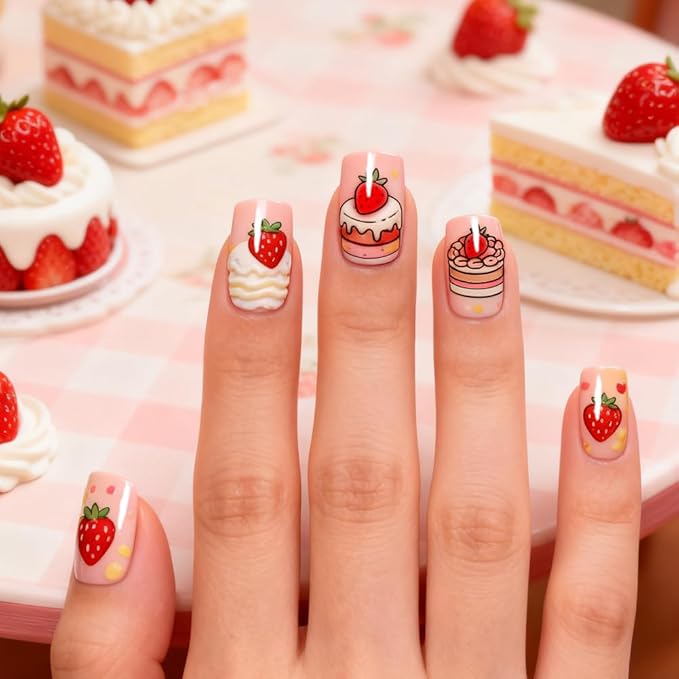 PH PandaHall 3pcs Strawberry Cake Nail Stamping Plate, Sweet Bowknot Nail Art Templates Strawberry Desserts Stainless Steel Image Plate Art Stencils with Tool for DIY Manicures Salon Design