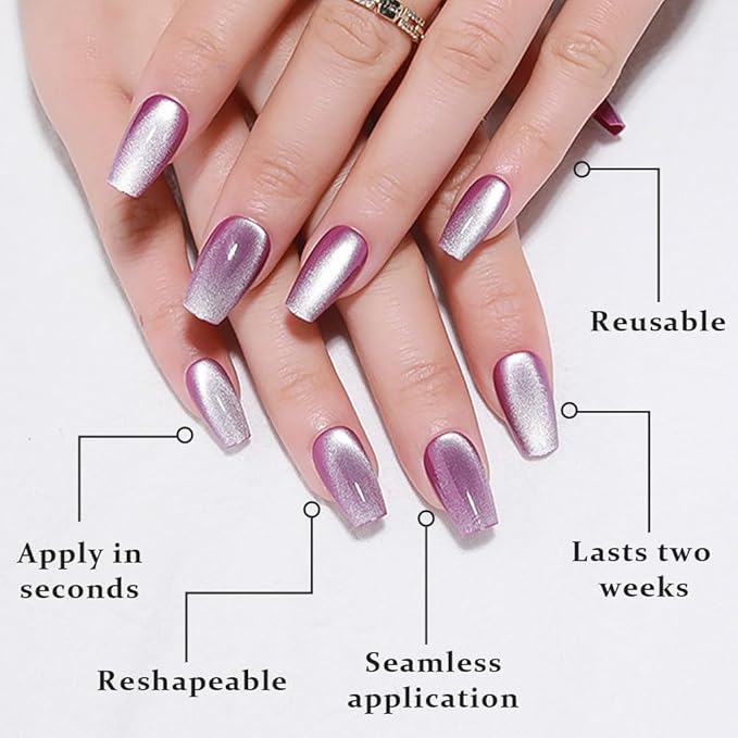 evpct Purple Cat Eye Coffin Press on Nails Square Medium, Medium Square Stick on Nails for Women Gift, Lavender Purple Metallic Glitter Glossy Reusable Summer Press on Fake Nail with Designs, 24Pcs