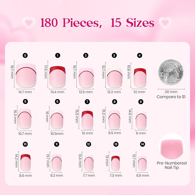 Beetles Press On Nails - Heart Whisper | 3 Colors Short Square French Tip Press On Nails | 15 Sizes 180 Pcs Natural Salon Quality Spring Gift For Women