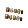 Amber Press on Nails with Handmade 3D Water Droplets & Gold Lines - Short Squoval Glossy Soft Glam Fake Nails, Reusable Elegant Vintage False Nails for Women Fall Winter Season Party, Size XS