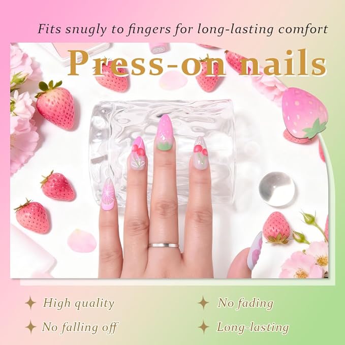 3D Press on Nails Medium Almond with Pink Strawberry Design, White Paw Print Fruite Nail Press ons Glossy Stick on Nails for Women Reusable with Kit, Stick on Cute Fake Nail with Designs Perfectly Fit