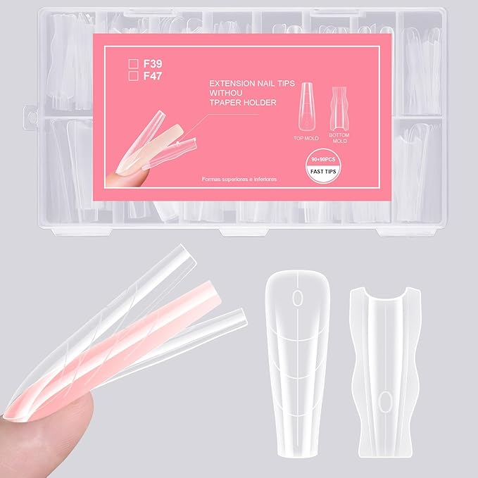 Sandwich Nails Dual Forms 180Pcs Long Coffin Shape, Nail Extension Forms with 15 Sizes, Reusable Plastic Nail Mold for Builder Gel & Poly Gel, No Paper Form Needed, Salon & Home DIY Nail Art