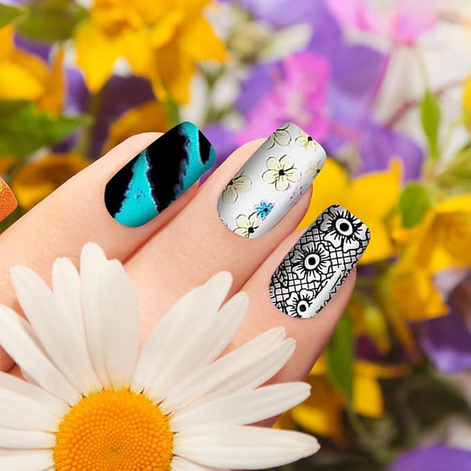 Duufin 300 Sheets Nail Foils Nail Art Transfer Foil Stickers Laser Flower Color Sheet Adhesive Stickers Paper Starry Sky Stars Black White Lace Design for Nail Art DIY Decoration