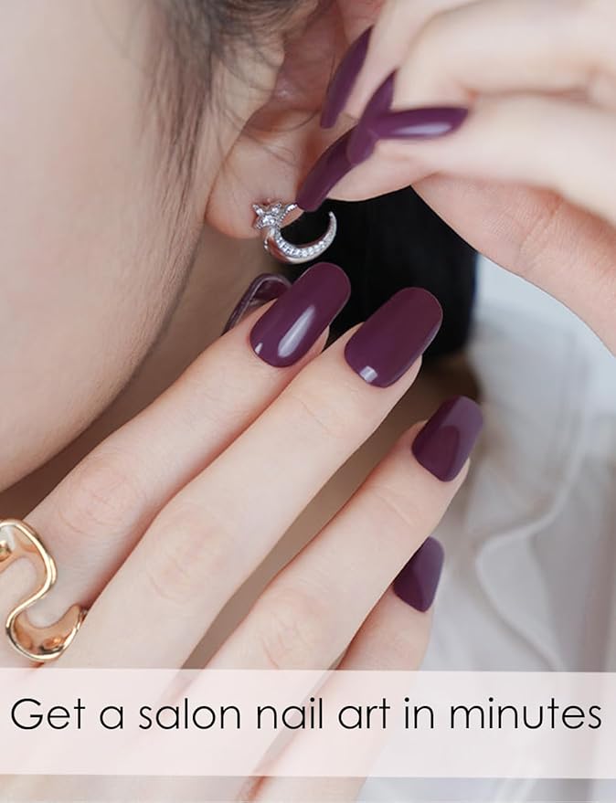 Semi Cured Gel Nail Strips, 20pcs Purple Plum Gel Nail Stickers Work with UV, Easy to Use and Remove