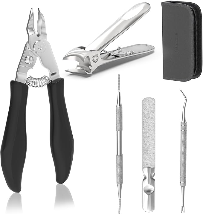 5-in-1 Toenail Clippers for Seniors with Thick & Ingrown Nails – Professional Pedicure Kit with Long Handle Nail Cutter, Slanted Curved Blade, Nail File & Lifter – Gift Set with Leather Case
