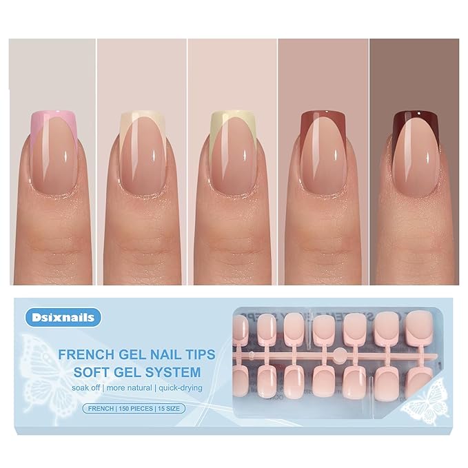 150pcs Skin Tones French Tip Press on Nails, Short Square Soft French Gel Nail Tips in 15Sizes, Pre-lasting Acrylic Fake Nail Tips, Soak Off False Nail Tips Extension for Women Nails Diy