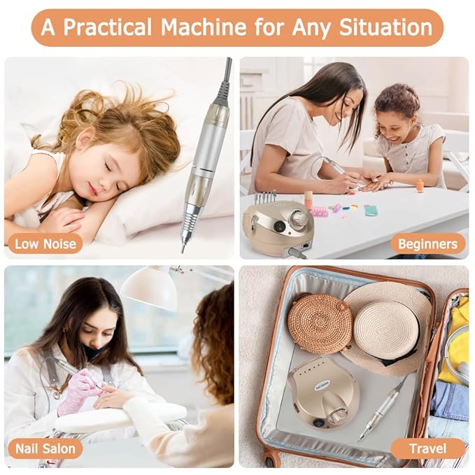 Portable Electric Nail Drill, 30000RPM Nail Drill with 6 NailDrill Bits and Sanding Bands, Nail File Kit for Acrylic, Gel Nails, Dip Powder, Manicure and Pedicure for Home Salon Use, Golden