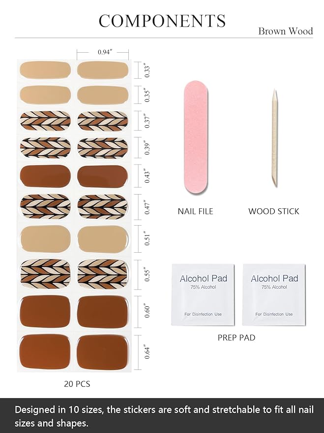 Semi Cured Gel Nail Strips (Brown Wood), 20 Pcs Gel Nail Wraps, Stickers, UV Light Required, Salon Quality, Long Lasting