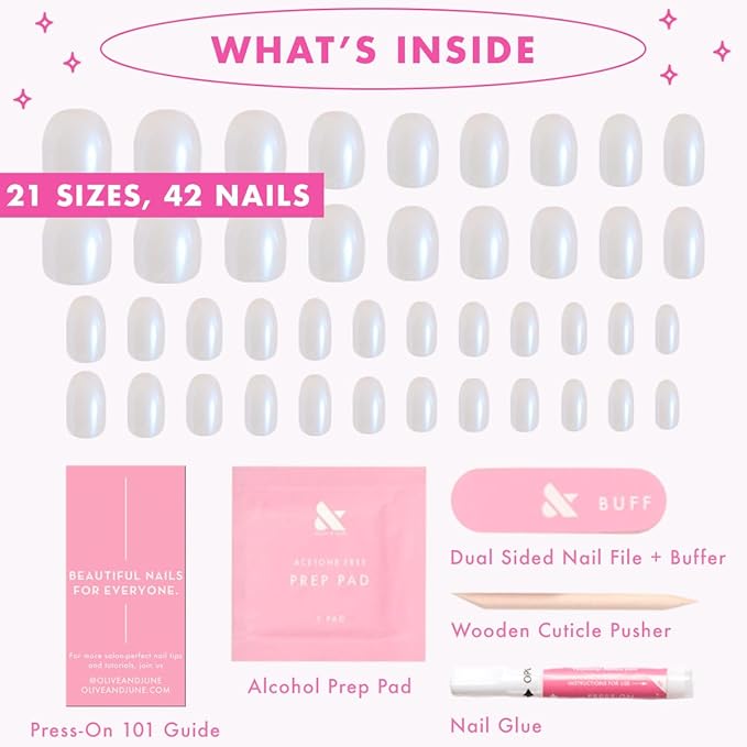 Olive & June Instant Mani Press-On Nails (Glue) | 42 Fake Nails, 21 Sizes | Non-Toxic, Long-Lasting Recycled Materials Realistic Look | Spring Flowers & Patterns | Medium, Oval | Pink Goldfish