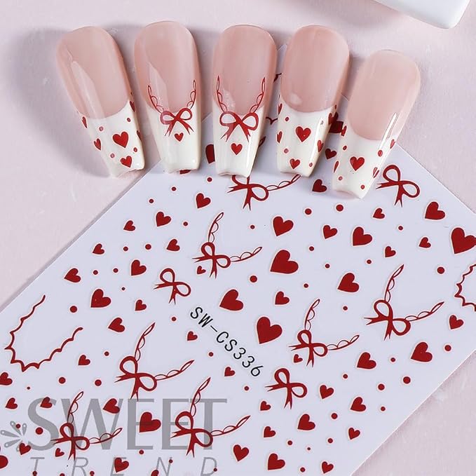Valentines Day Nail Stickers Red Hearts Nail Decals Cute Yellow Love Nail Designs Multi Kawaii Bow Lace French Tips Nails Supplies Spring Holiday Nails Art Supplies for Women DIY Manicure 4 Sheet