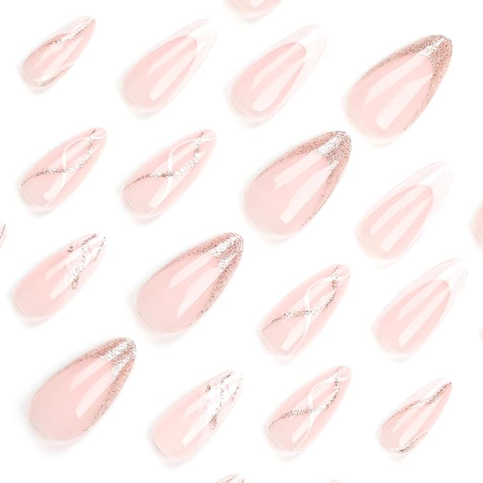 White French Tip Press on Nails Almond Medium Fake Nails False Nails with Design Glitter Swirl Glossy Full Cover Acrylic Glue on Nails Artificial Stick on Nail for Women Manicure 24Pcs