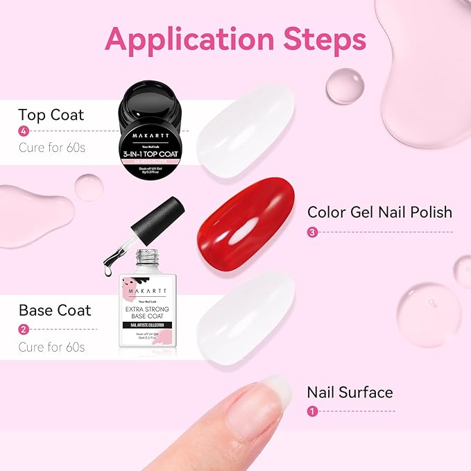 Makartt Gel Top and Base Coat Set: 2-Piece Gel Polish Kit with Nail Art Brush, 15ml Strong Base Gel and 8ml Glossy Hard Top Coat, Long-Lasting Formula for Salon Use, Requires UV/LED Lamp
